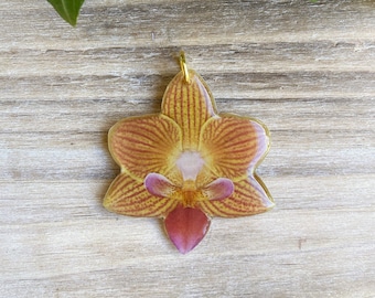 Orchid Pendant, Orchid Jewelry, Yellow Orchid, Orchid Gift, Yellow Flower Pendant, Goldstaff Orchid Flower, Orchid Lover Gift