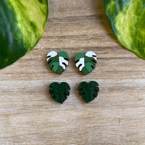 Monstera Earring, Minimalist Stud, Variegated Leaf Jewelry, Tropical Houseplant Accessory, Laser Cut Wood Jewelry, Hand Painted Exotic Leaf