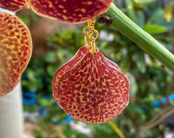 Orchid Flower Petal Earrings, Vanda Orchid Jewelry, Tropical Earrings, Resin Flower Dangle, Floral Earring, Red Spotted Orchid, Orchid Gift