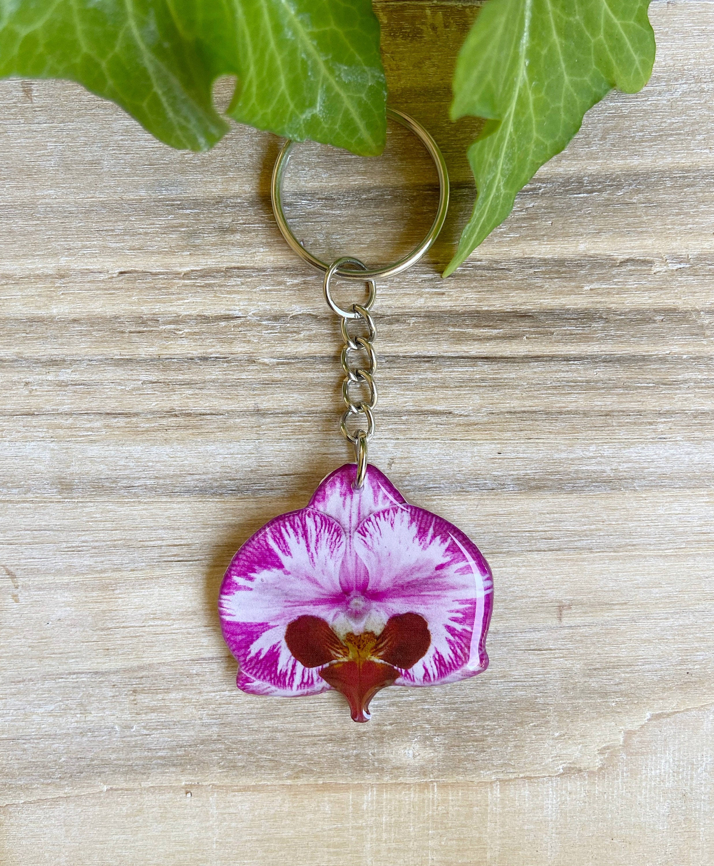 Orchid Flower Keychain, Floral Key Ring, Handmade Zipper