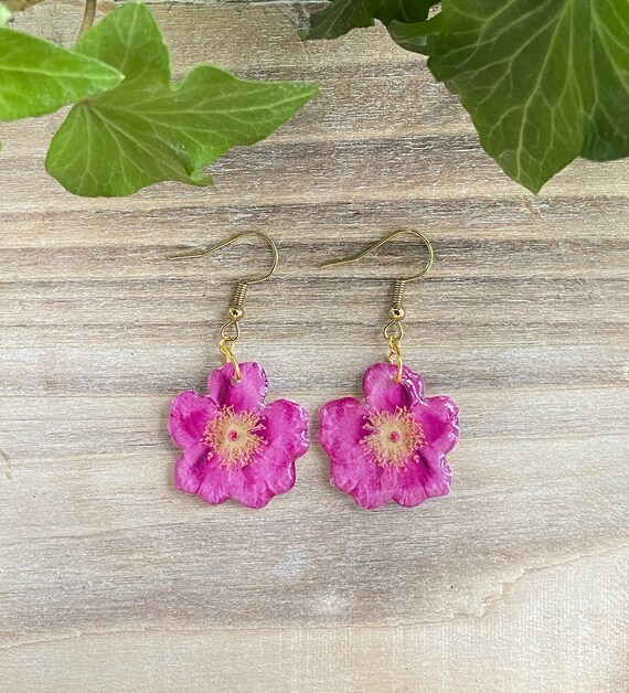 Wild Rose Earring Pink Flower Jewelry Resin Flower Rose Dangle Earring Rose Gift Botanical Jewelry Prairie Rose Iowa State Flower Etsy