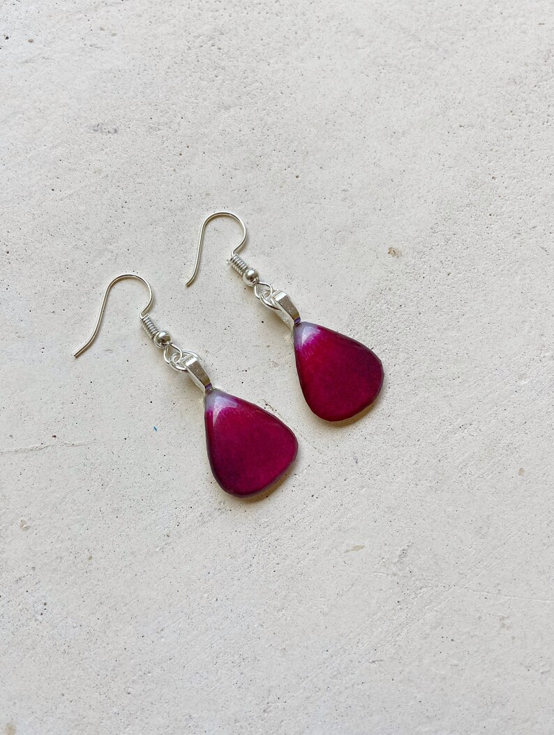 May include: A pair of dangle earrings with silver hooks and teardrop-shaped resin pendants in a deep burgundy color.