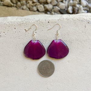 May include: A pair of earrings featuring a purple flower petal design. The earrings are made of resin and have silver hooks.