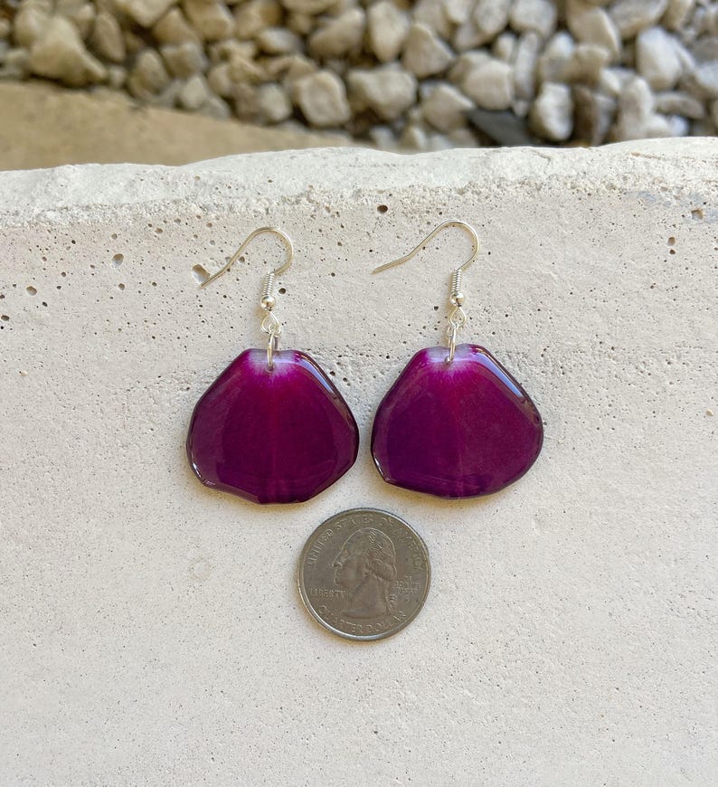May include: A pair of earrings featuring a purple flower petal design. The earrings are made of resin and have silver hooks.