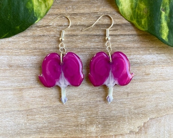 Bleeding Heart Earring, Bleeding Heart Jewelry, Heart Earrings, Bleeding Heart Flower, Resin Flower Jewelry, Pink Hearts, Girlfriend Gift