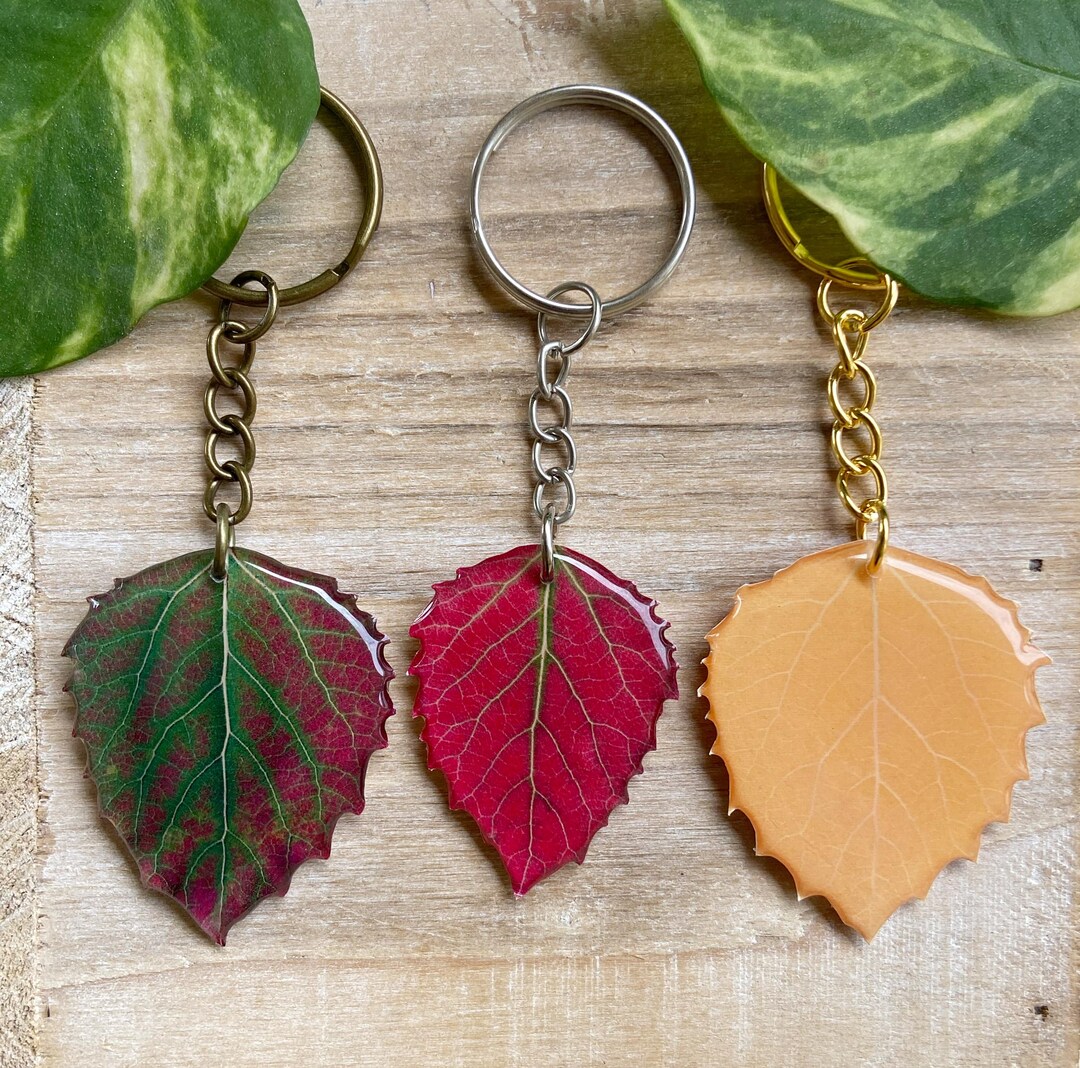 Fall Leaf Keychain, Resin Aspen Key Ring, Handmade Zipper Pull, Autumn ...