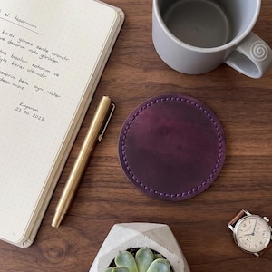 Personalized Leather Coaster Set, 4 Round, 10 cm, Brown