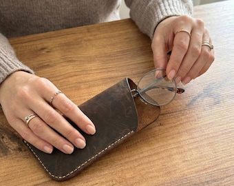 Personalized Leather Glasses Case, Hand-Stitched Eyeglass Sleeve with Custom Engraving