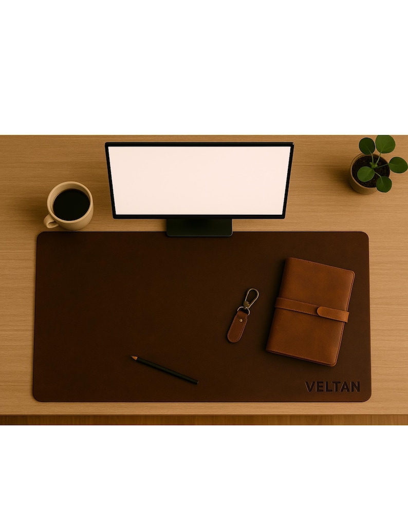 Top-down workstation, brown full grain leather desk mat used as leather laptop mat, notebook and pen
