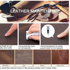 K&ouml;nnte beinhalten: Eine Anleitungsgrafik mit dem Titel LEATHER MAINTENANCE zeigt Schritte zur Pflege von braunem Leder. Die Felder zeigen das Reiben mit einem Finger, einem weichen Tuch und einer Cremetube. Die unteren Felder zeigen nat&uuml;rliche Ledertexturen wie Falten und Narben.