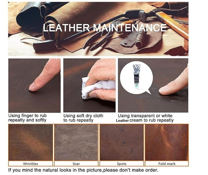 K&ouml;nnte beinhalten: Eine Anleitungsgrafik mit dem Titel LEATHER MAINTENANCE zeigt Schritte zur Pflege von braunem Leder. Die Felder zeigen das Reiben mit einem Finger, einem weichen Tuch und einer Cremetube. Die unteren Felder zeigen nat&uuml;rliche Ledertexturen wie Falten und Narben.