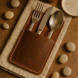 Handmade Leather Cutlery Pouch: Rustic Kitchen Utensil Organizer
