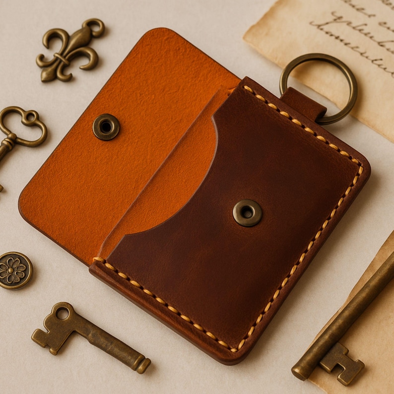 Mini Leather Card Wallet Keychain: Slim Minimalist Design