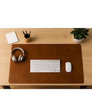 Warm caramel leather laptop writing pad, full grain leather desk mat styled with keyboard, headphones, mouse