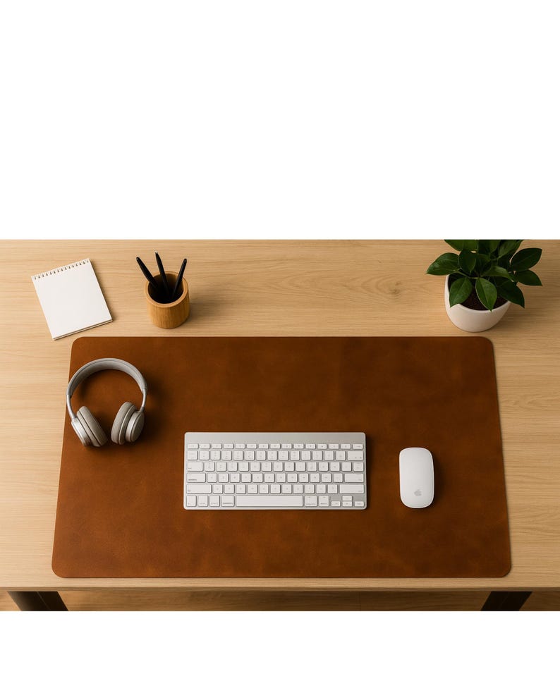 Warm caramel leather laptop writing pad, full grain leather desk mat styled with keyboard, headphones, mouse
