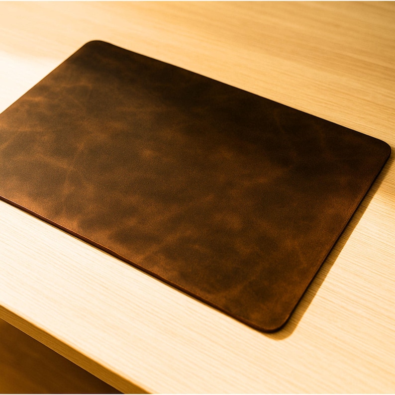 Close-up edge view, distressed brown crazy horse full grain leather desk mat, visible grain and patina