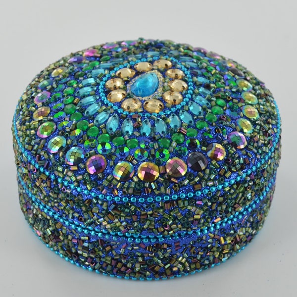 Peacock Feather Style Blue & Green Beaded Trinket Box Decorative Well Made Gift