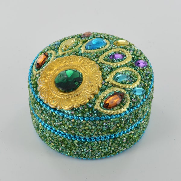 Peacock Feather Style Blue & Green Beaded Trinket Box Decorative Well Made Gift