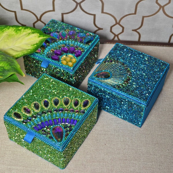 Peacock Feather Style Blue & Green Beaded Jewellery Box Decorative Well Made Gift