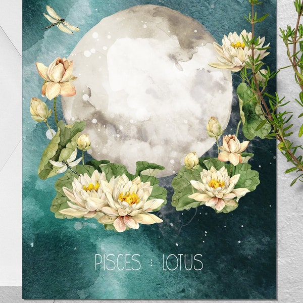 Pisces greeting card. Zodiac art card, full moon gift card, botanical greeting card