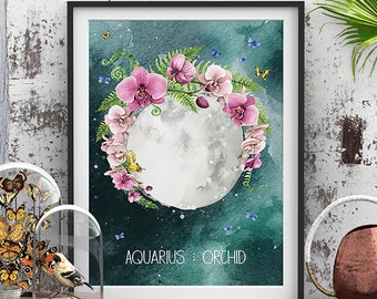 Aquarius zodiac print, celestial, Astrology, constellation cosmic wall art, boho print, Altar art, star sign decor , full moon, botanical