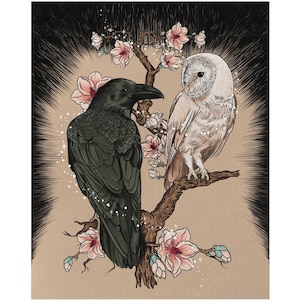 Raven and Barn Owl Art Print: Whimsical Witchy Wall Decor