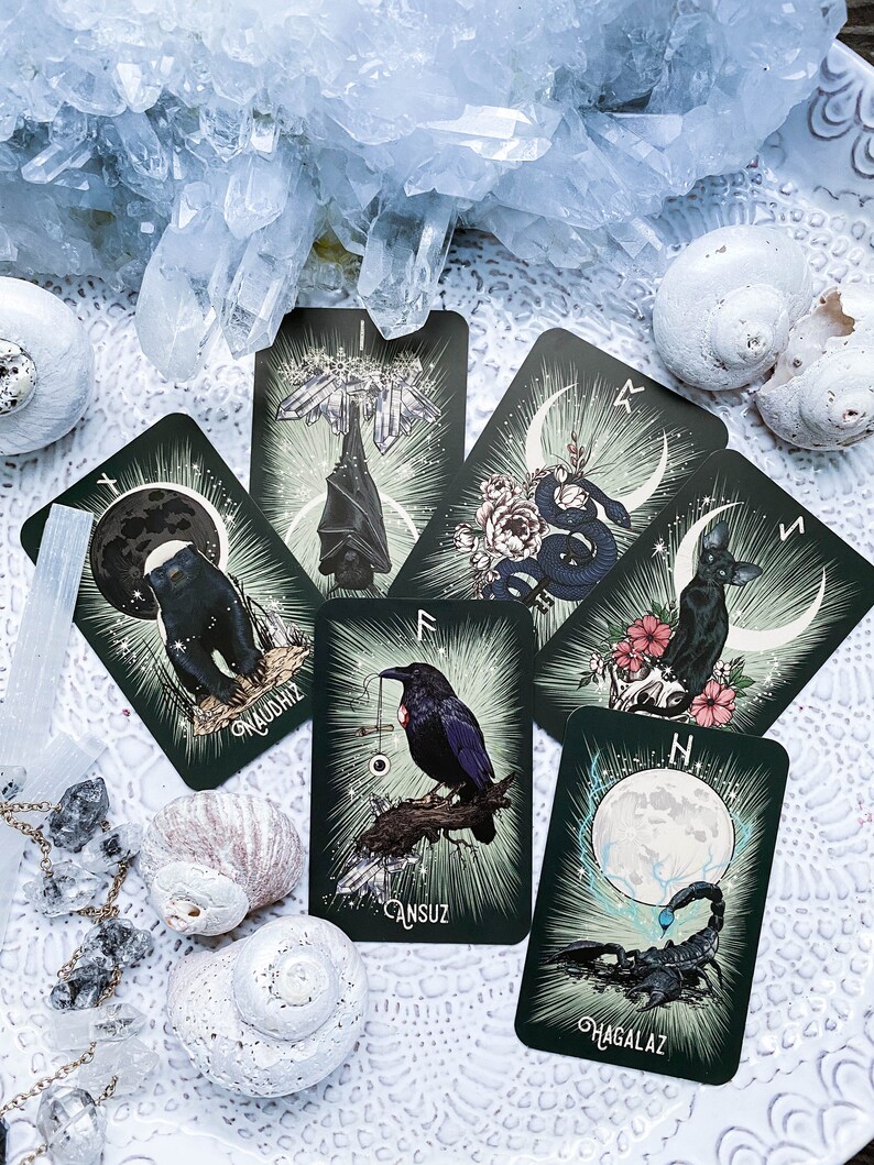 Witchs familiar runic oracle 24 card indie tarot deck etsy
