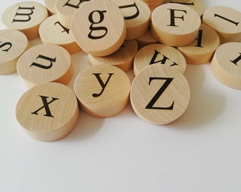 Alphabet wooden circles lowercase and uppercase letters with magnets or not, ABC discs, Alphabet coins