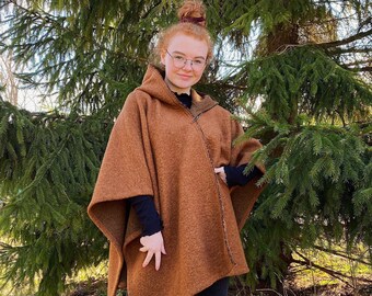 Manteau cape en laine, cape en laine brune pour femme avec capuche, poncho marron chaud pour l’hiver froid