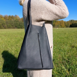 Bolso de cuero, bolso negro, bolso elegante, bolso de comprador de cuero negro, bolso grande negro