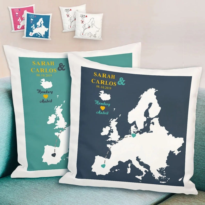Pillow set long distance relationship Germany Europe World with personalization different colors image 1