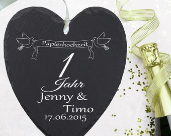 Schieferherz Papierhochzeit  mit Personalisierung  - 1. Hochzeitstag