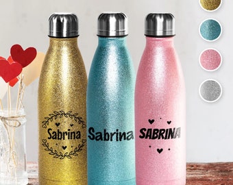 Glitter thermo bottle with desired name - different colors and motifs