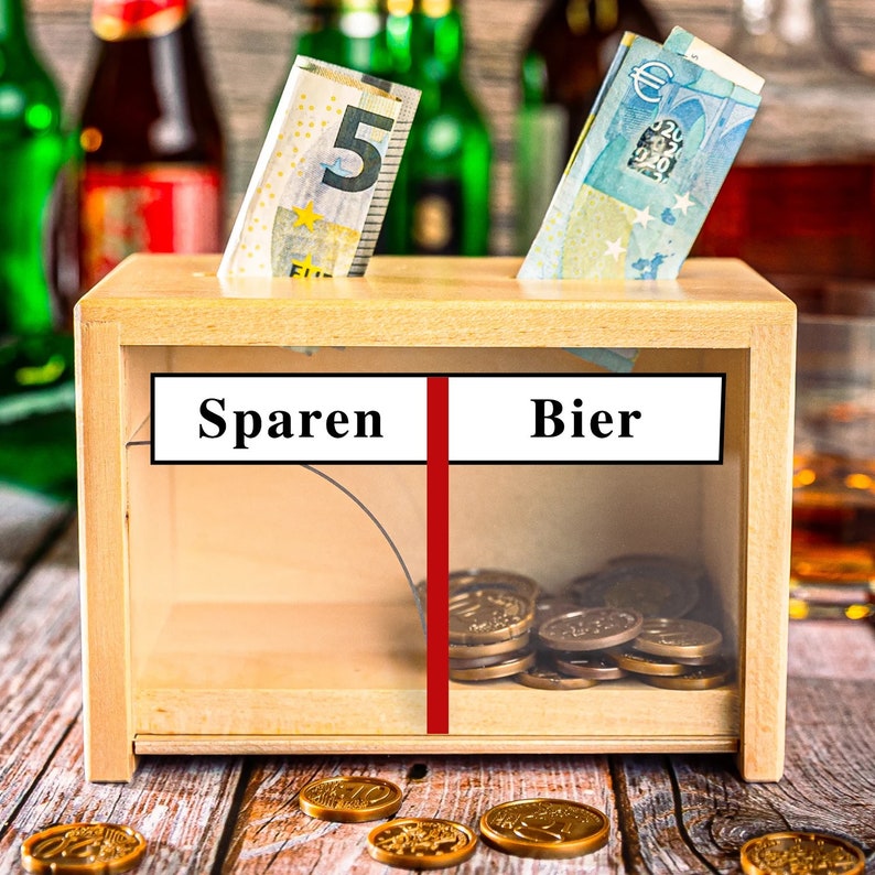 Spardose zum Gestalten mit eigenem Wunschaufdruck originelles Geldgeschenk mit witzigem Effekt Sparen/Bier