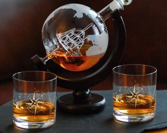 Juego de whisky globo terráqueo con vaso - dorado - jarra de whisky con velero y vaso de whisky con brújula - jarra de vidrio marítima