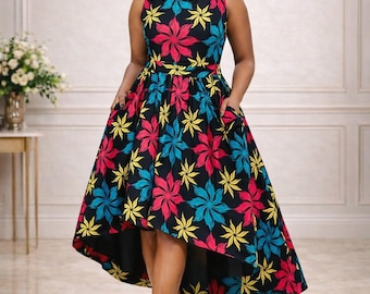 African Print Sleeveless Midi Dress: Ankara Dip Hem Cotton Flare