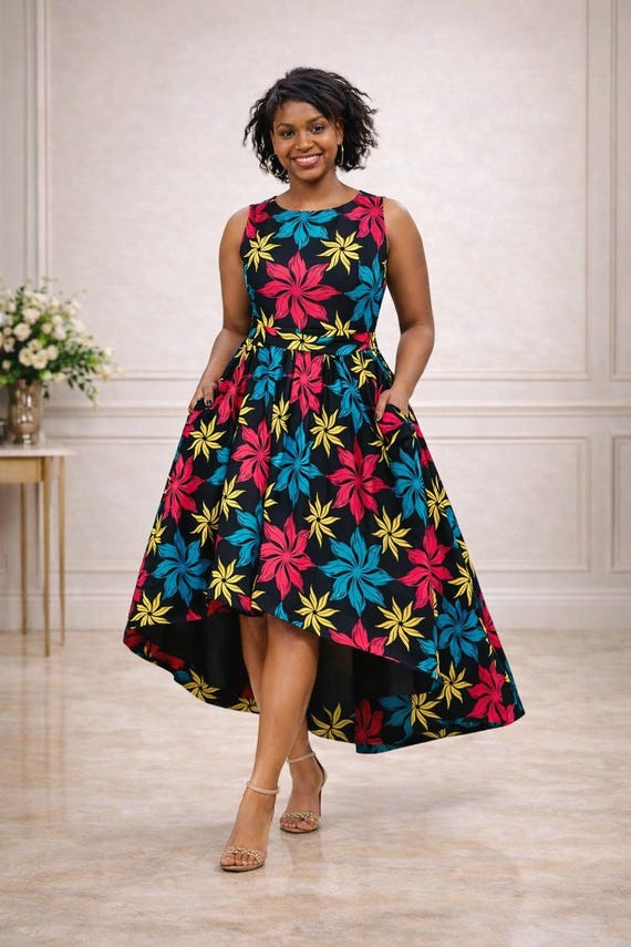 African Print Sleeveless Midi Dress: Ankara Dip Hem Cotton Flare African Print Sleeveless Midi Dress: Ankara Dip Hem Cotton Flare