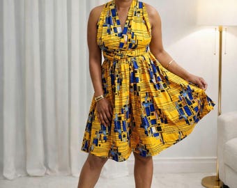 Amara Infinity Mini Dress – Yellow African Print Convertible Dress with Elastic Back