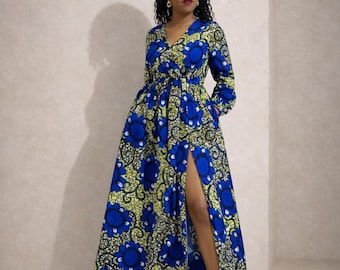 Ankara African Print Maxi Dress: puff long sleeves dress