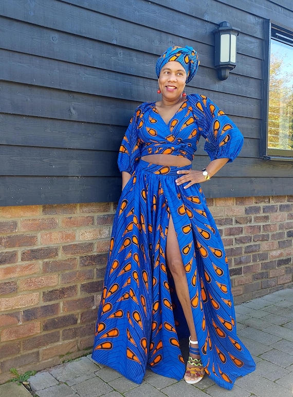 Blue African Print Maxi Skirt Set: Ankara Crop Top, Pockets - Etsy