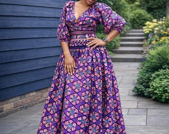 Robe de soirée col V manche longue jupe en satin au sol