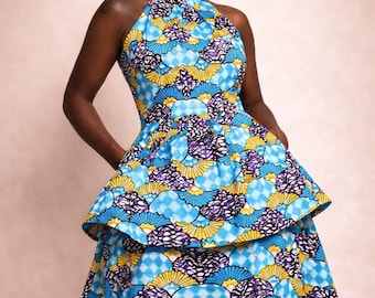 African Print Halter Dress, Ankara Tiered Mini Dress, Blue Yellow Summer Occasion Clothing