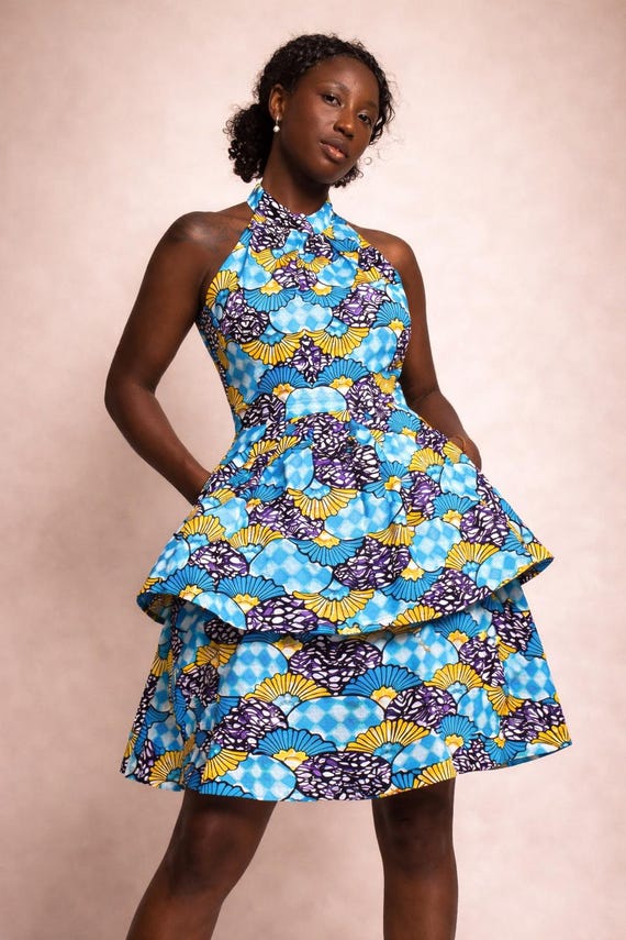 African Print Halter Dress, Ankara Tiered Mini Dress, Blue Yellow Summer  Occasion Clothing - Etsy Denmark