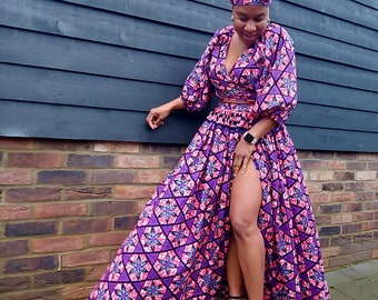 Rubane Pink, African Print, Women's Maxi, Full Long Length Cotton Skirt, top& skirt Set, Crop Top, Scarf, Pockets, Ankara, Dashiki, Wedding