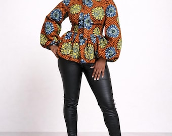 Structured Ankara Peplum Blouse – Statement African Print Top with Bow Detail