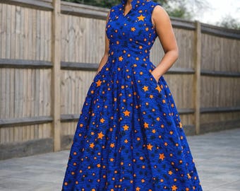 Luna Dress – Deep Navy African Print Maxi Dress