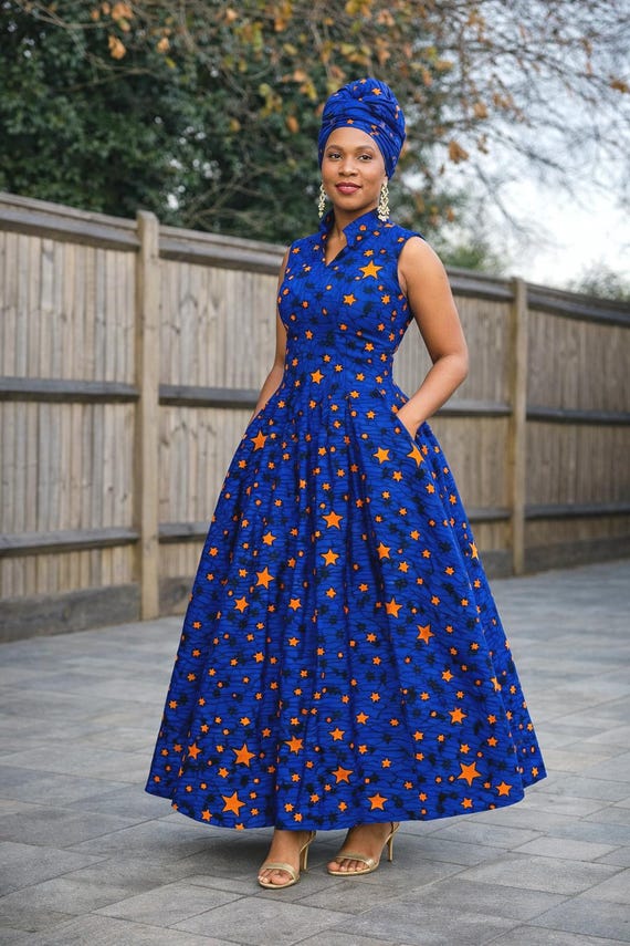 navy blue african print dresses Mofi African Prin Midi Dress - African Print Clothing in USA M / LONG