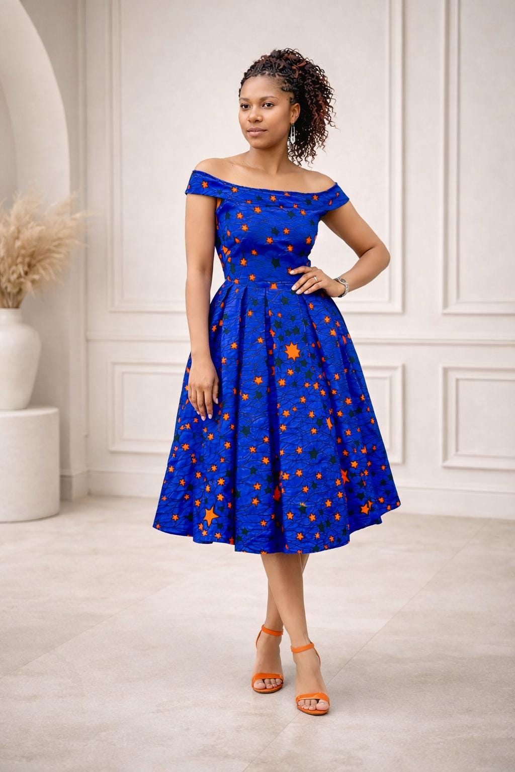 Blue African Print Off-shoulder Midi Dress  Fully Lined With Pockets - Etsy