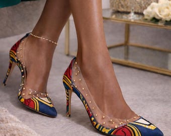 African Print Pointed Heels | Clear PVC Stiletto Pumps | Gold Stud Detail Ankara Shoes | Statement High Heels
