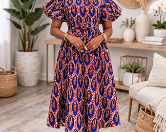 Elara Ankara Midi Dress – African Print Puff Sleeve Dress with Waist Tie
